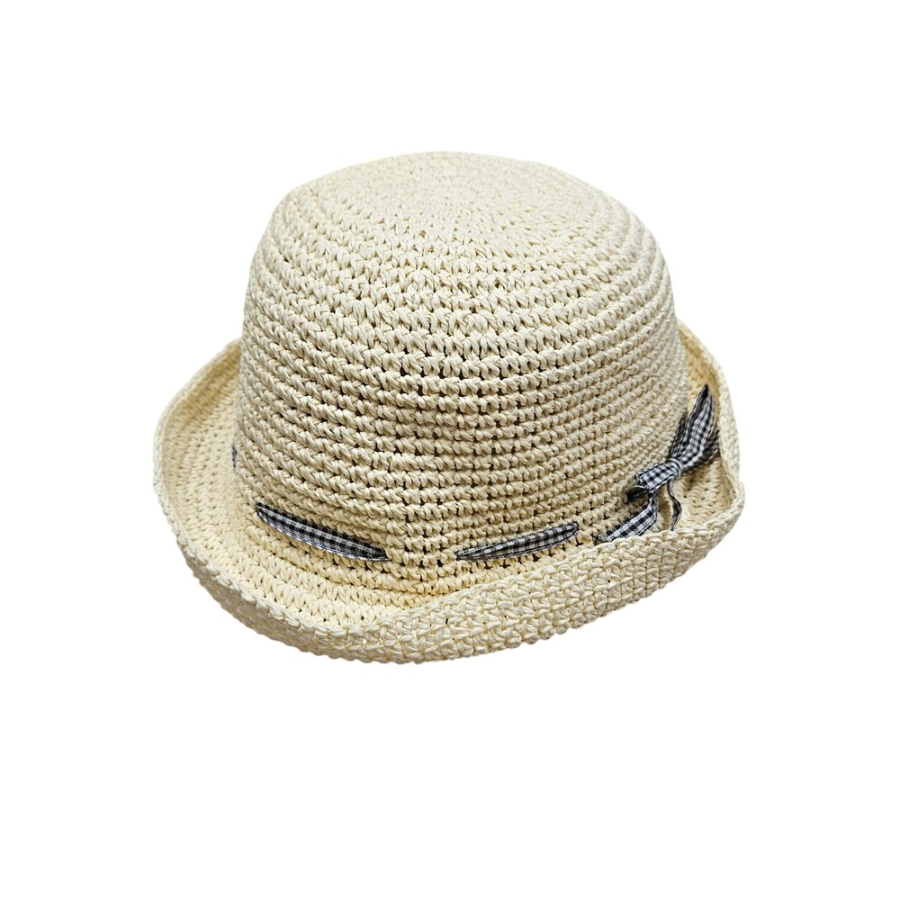 Crochet‎ Beige Straw Bucket Hat With Black Plaid Ribbon Accent Cottage Prairie